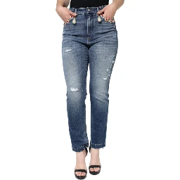 Dark Blue Cotton Tattered Skinny Denim Jeans