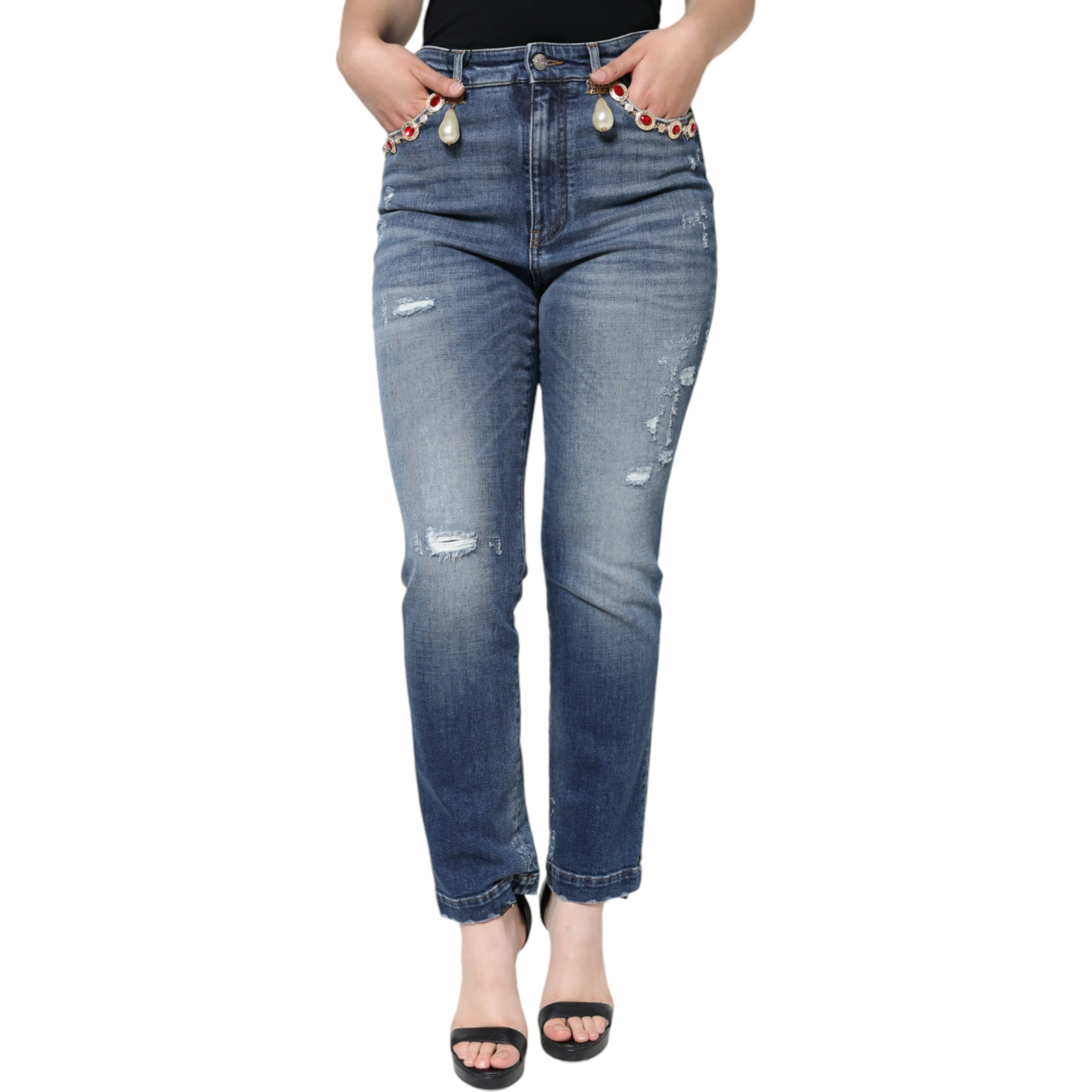 Dark Blue Cotton Tattered Skinny Denim Jeans