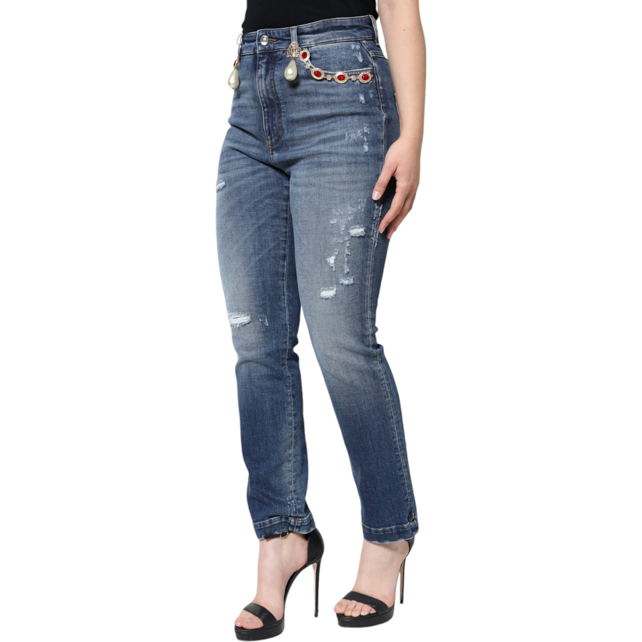 Dark Blue Cotton Tattered Skinny Denim Jeans