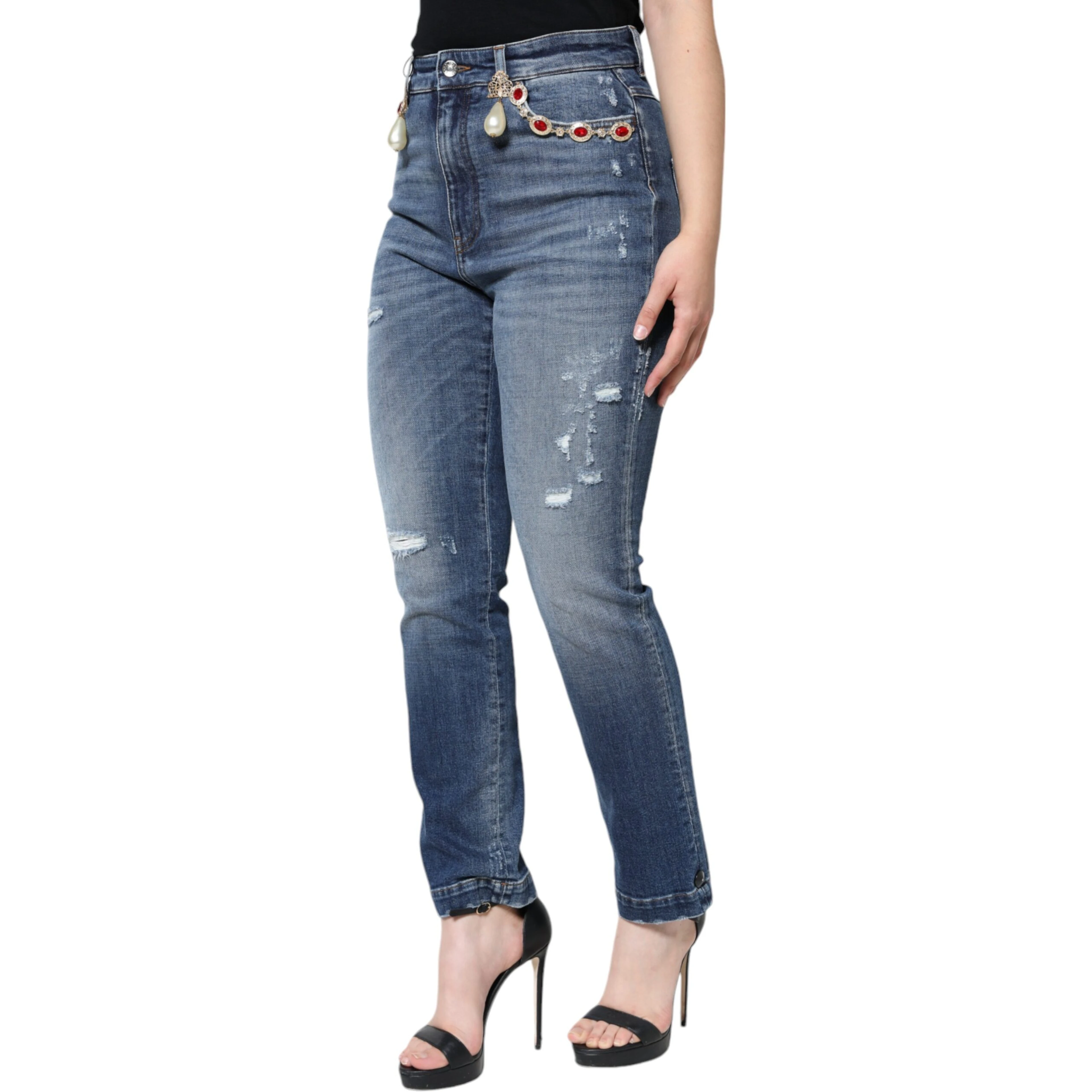 Dark Blue Cotton Tattered Skinny Denim Jeans