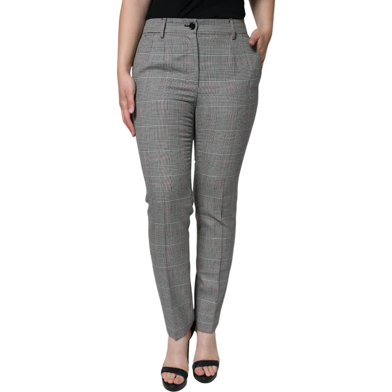 Gray Plaid Wool Mid Waist Women Tapered Pants