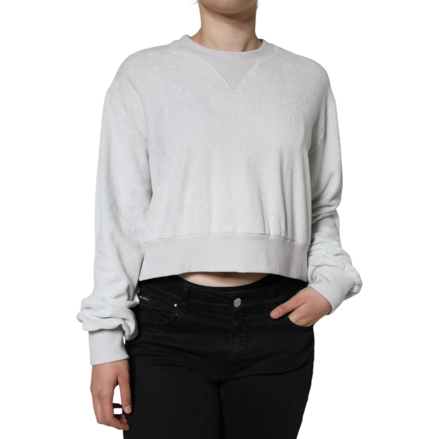 White Nylon Stretch Crew Neck Pullover Sweater