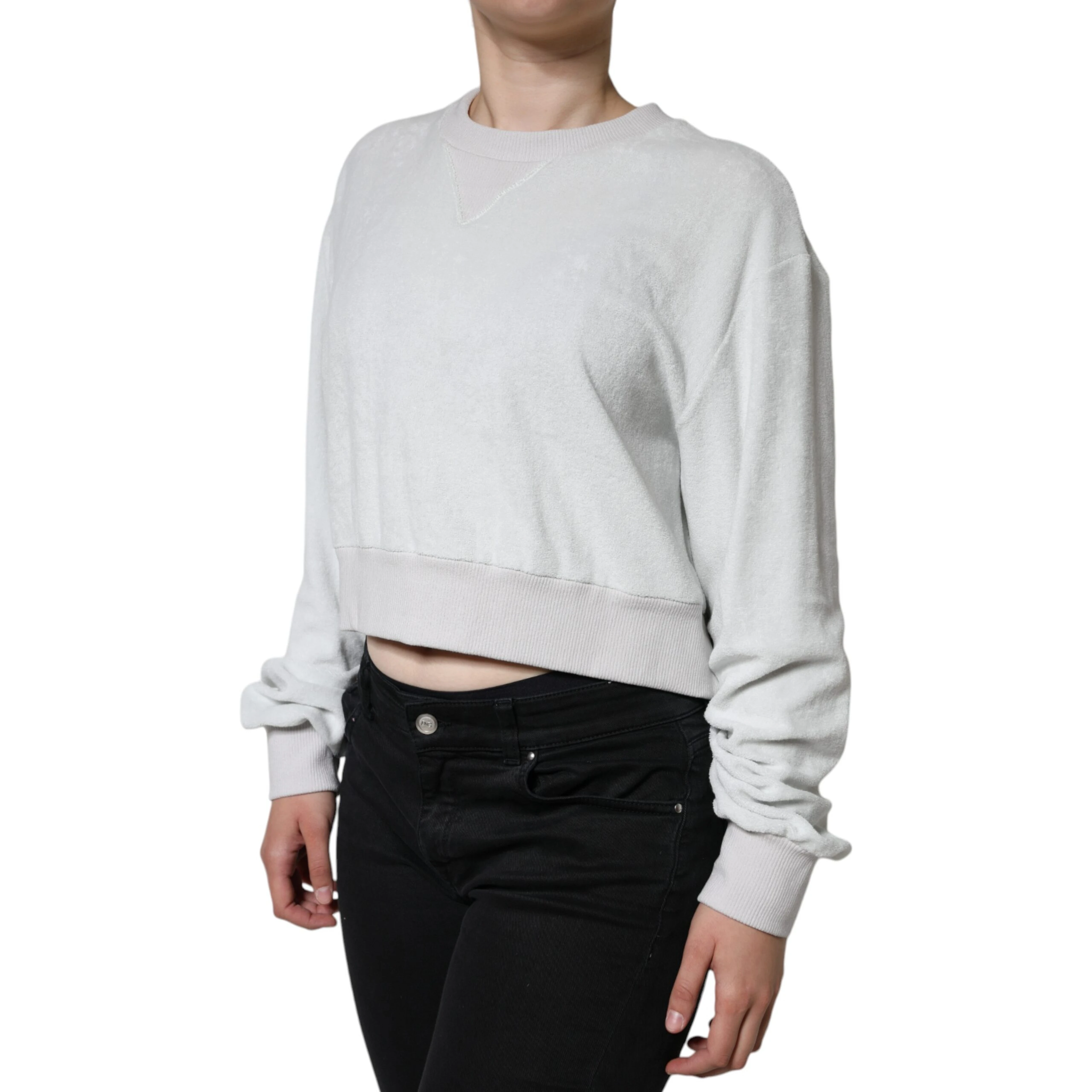 White Nylon Stretch Crew Neck Pullover Sweater