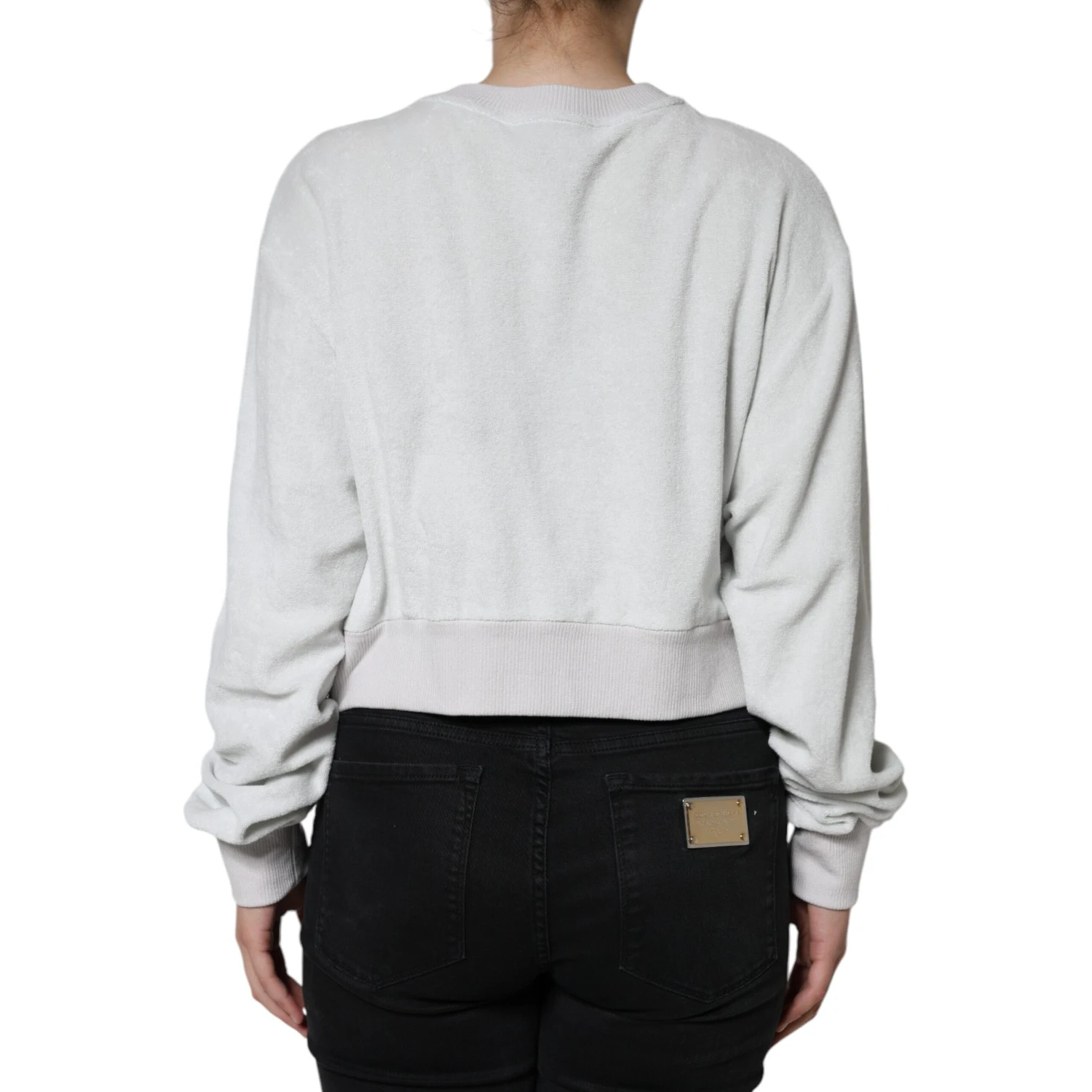 White Nylon Stretch Crew Neck Pullover Sweater
