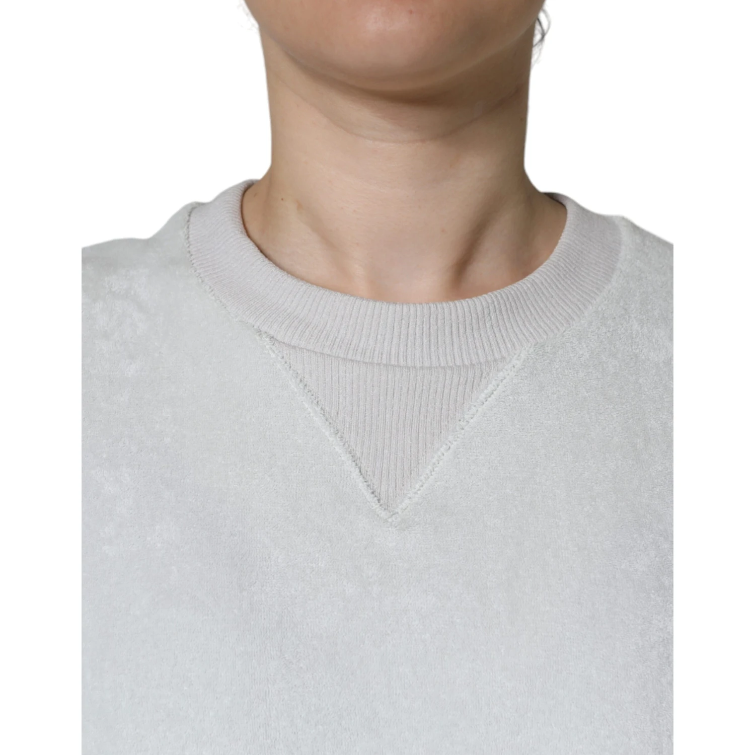White Nylon Stretch Crew Neck Pullover Sweater