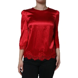 Red Satin Lace Trim Round Neck Blouse Top