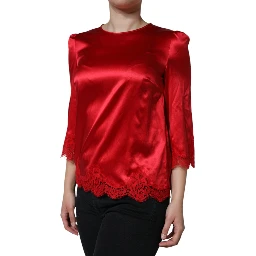 Red Satin Lace Trim Round Neck Blouse Top