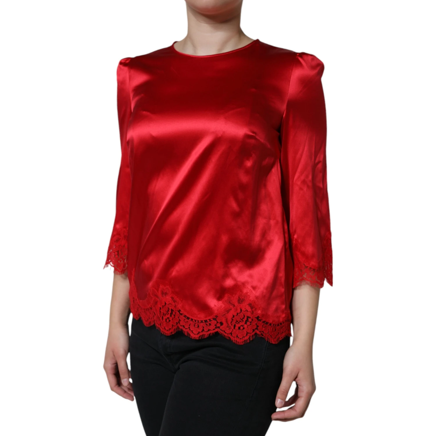 Red Satin Lace Trim Round Neck Blouse Top