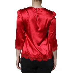 Red Satin Lace Trim Round Neck Blouse Top