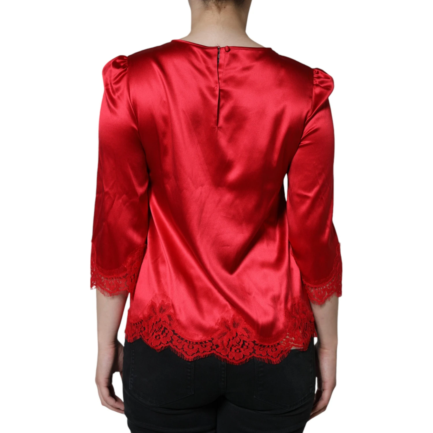 Red Satin Lace Trim Round Neck Blouse Top