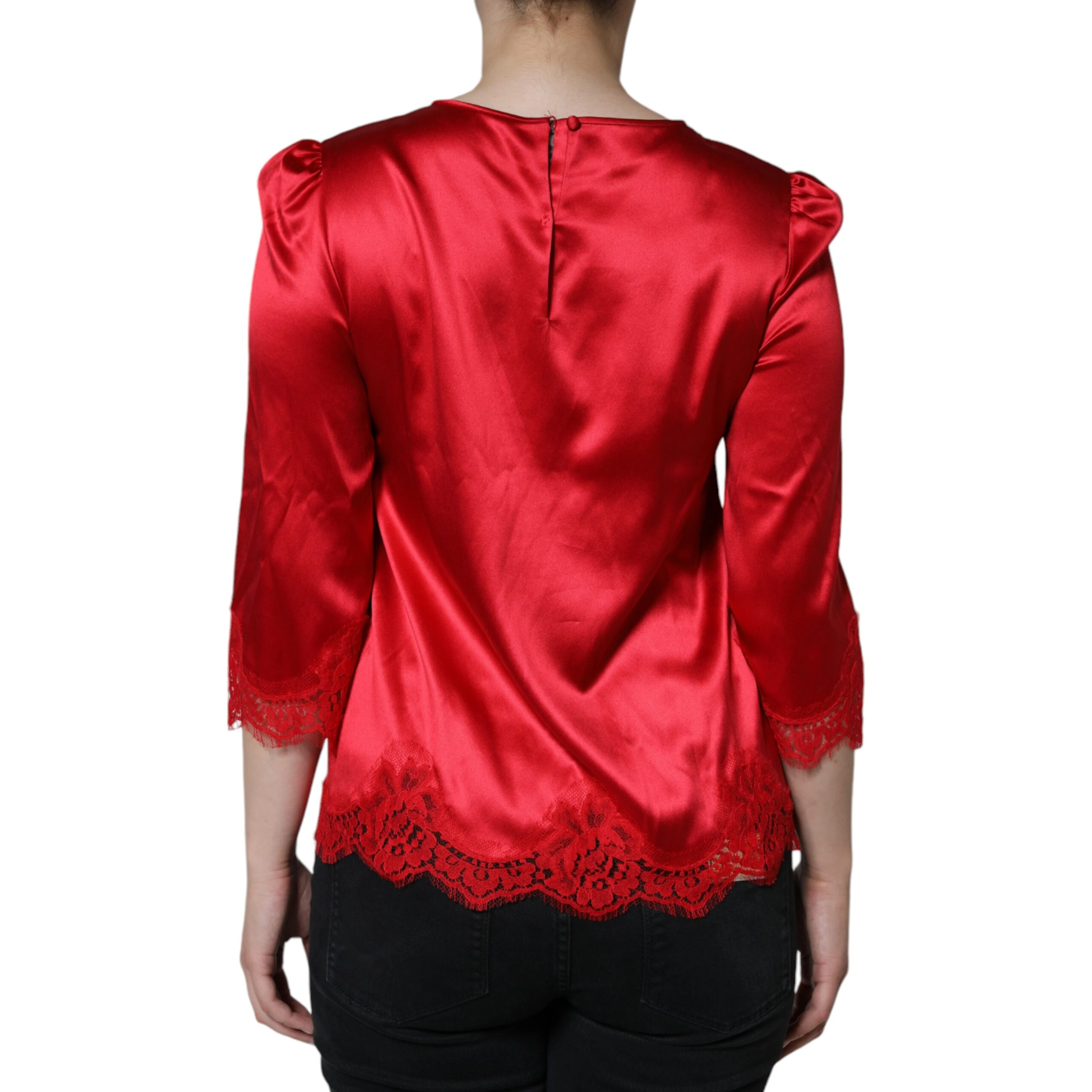 Red Satin Lace Trim Round Neck Blouse Top