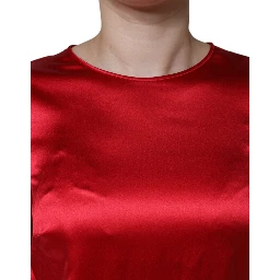 Red Satin Lace Trim Round Neck Blouse Top