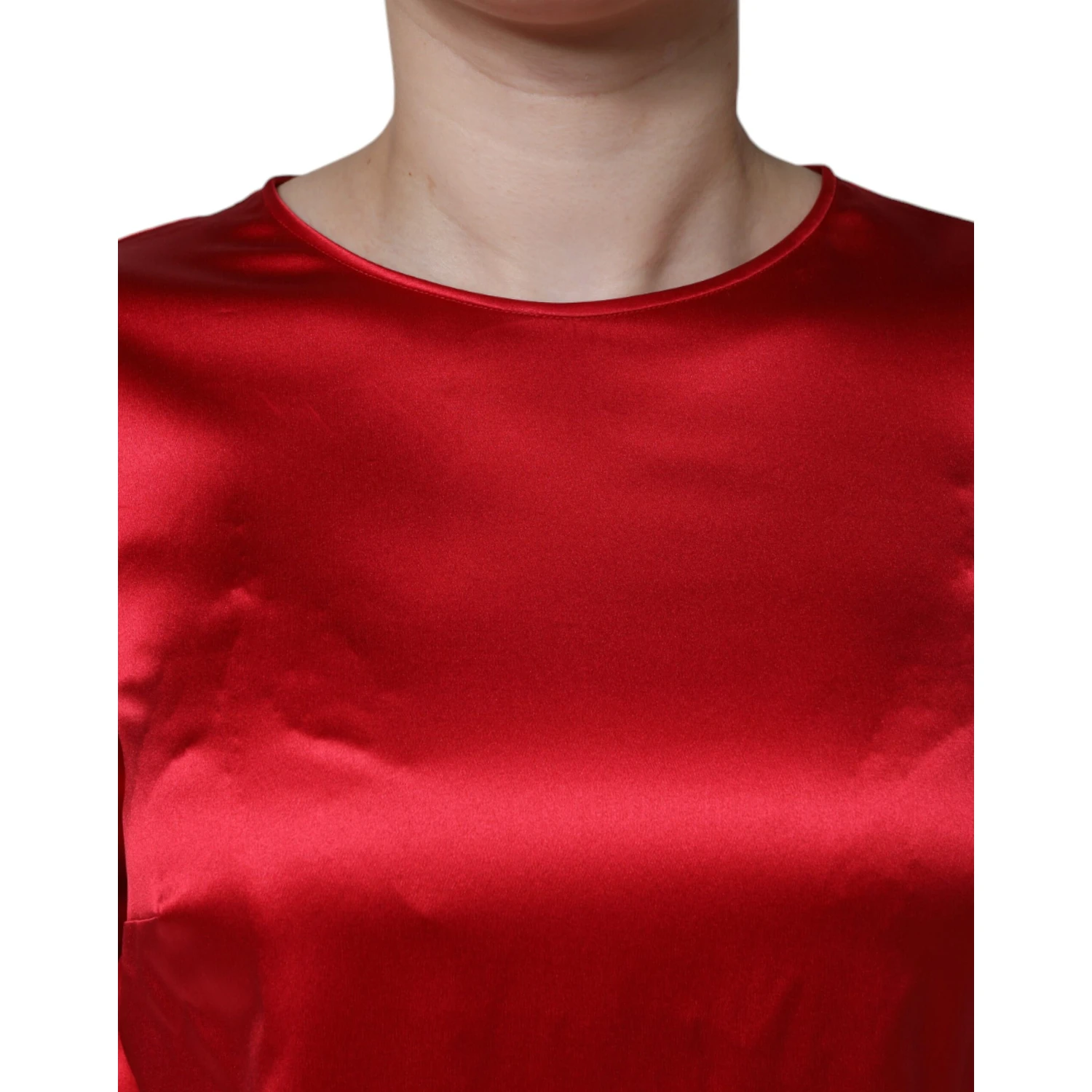 Red Satin Lace Trim Round Neck Blouse Top