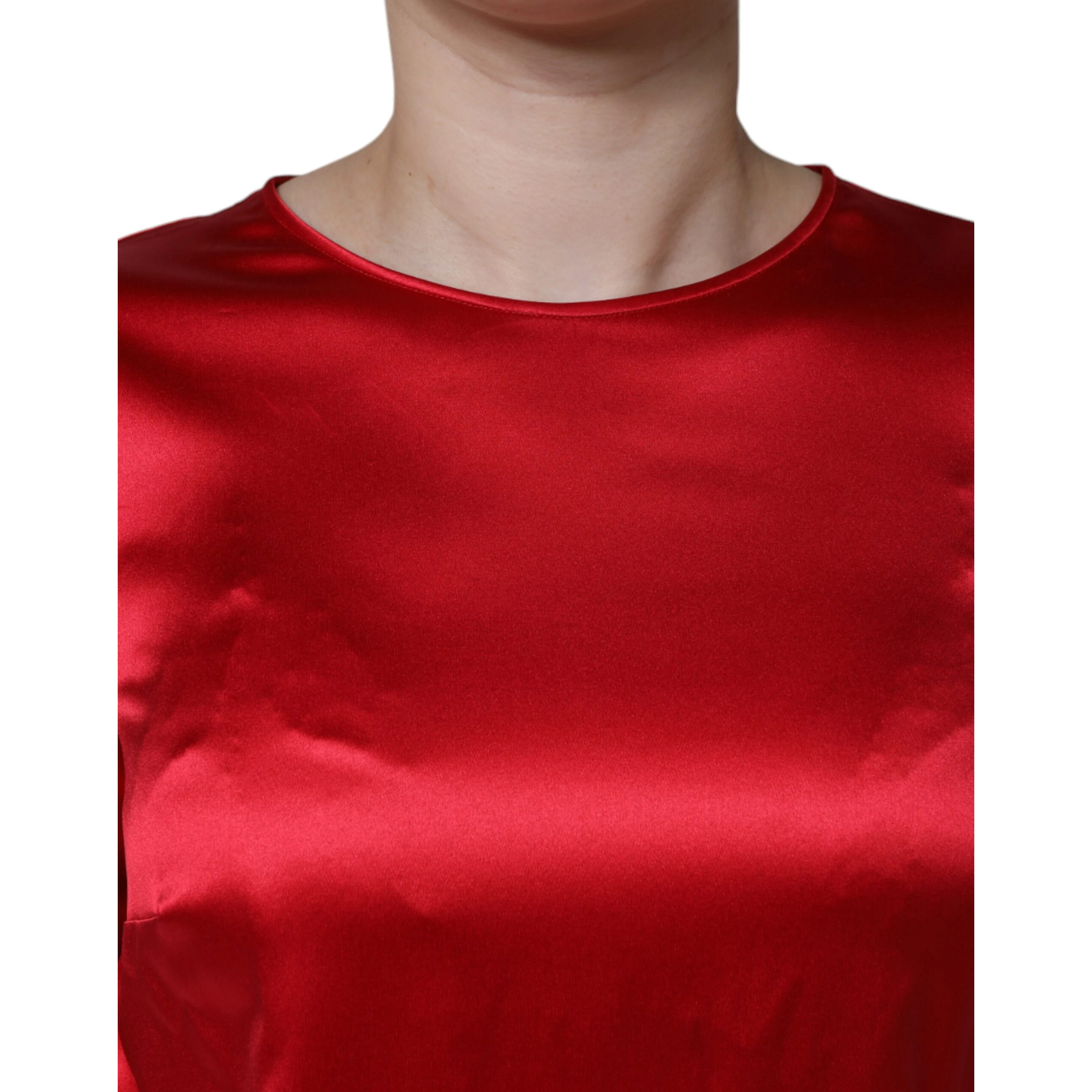 Red Satin Lace Trim Round Neck Blouse Top