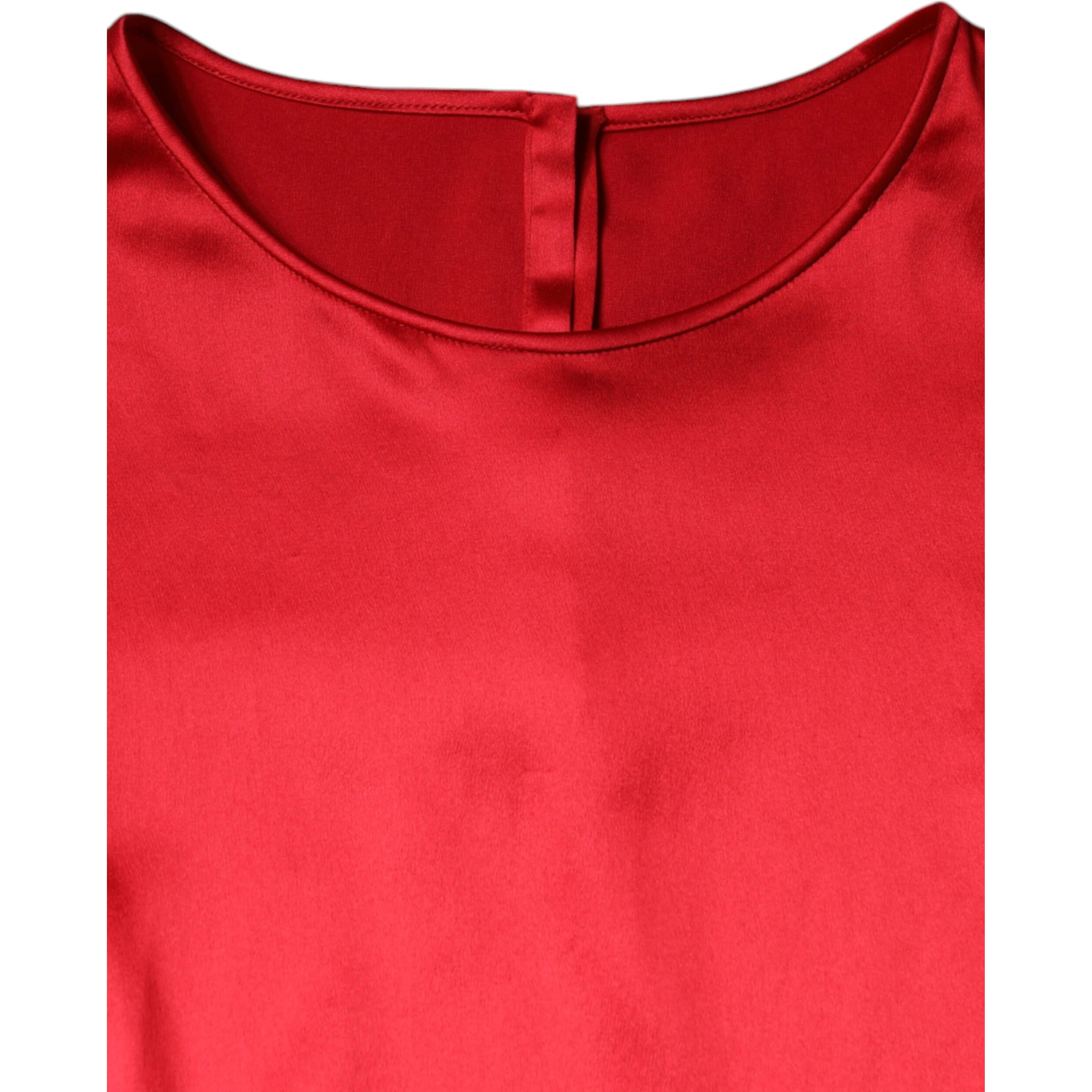 Red Satin Lace Trim Round Neck Blouse Top
