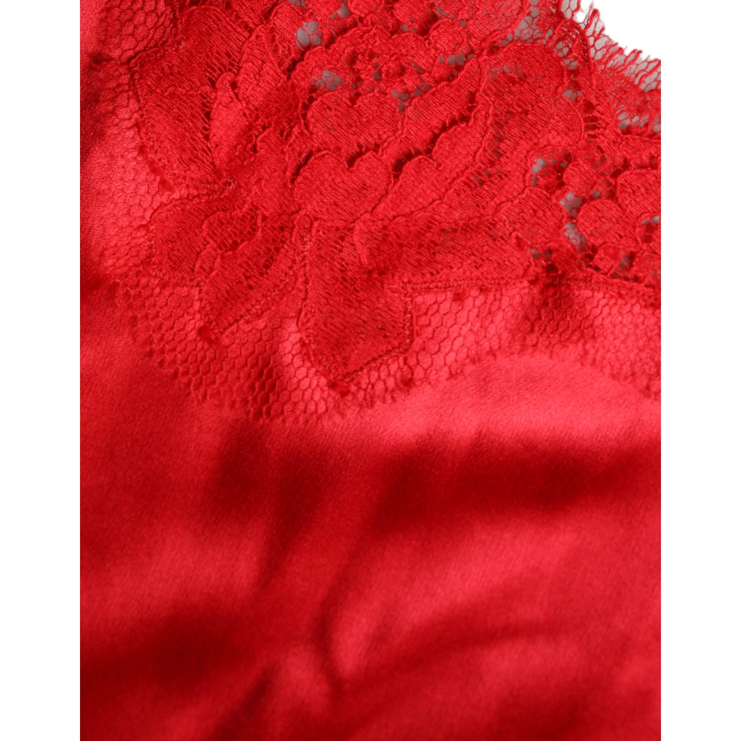 Red Satin Lace Trim Round Neck Blouse Top