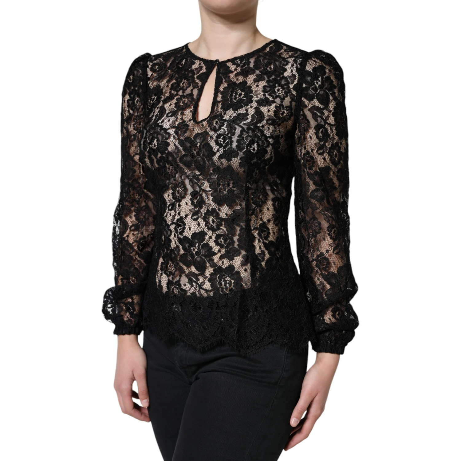Black Floral Lace See Through Long Sleeve Top