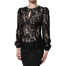 Black Floral Lace See Through Long Sleeve Top
