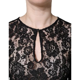 Black Floral Lace See Through Long Sleeve Top