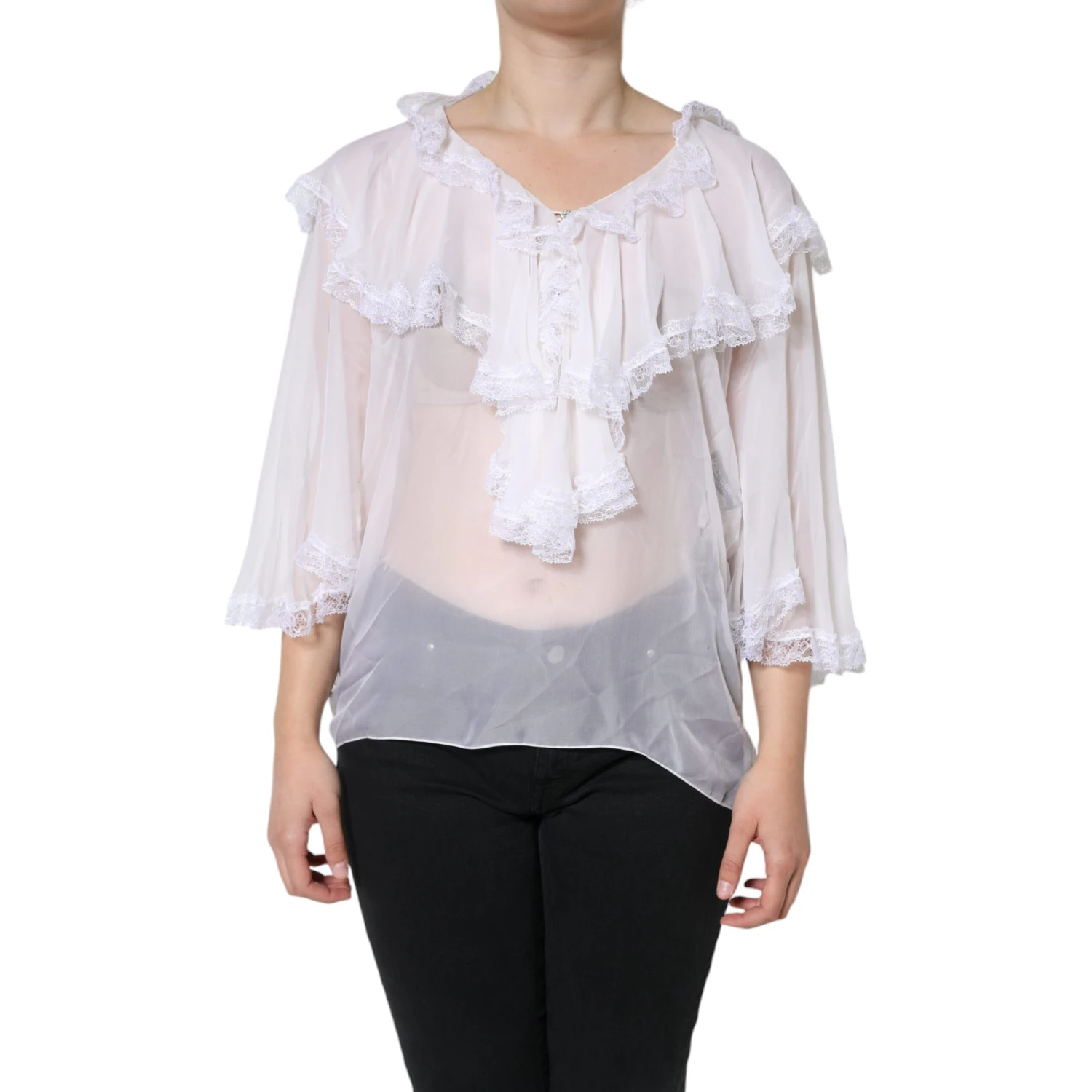 White Ruffles Lace Long Sleeve Blouse Top