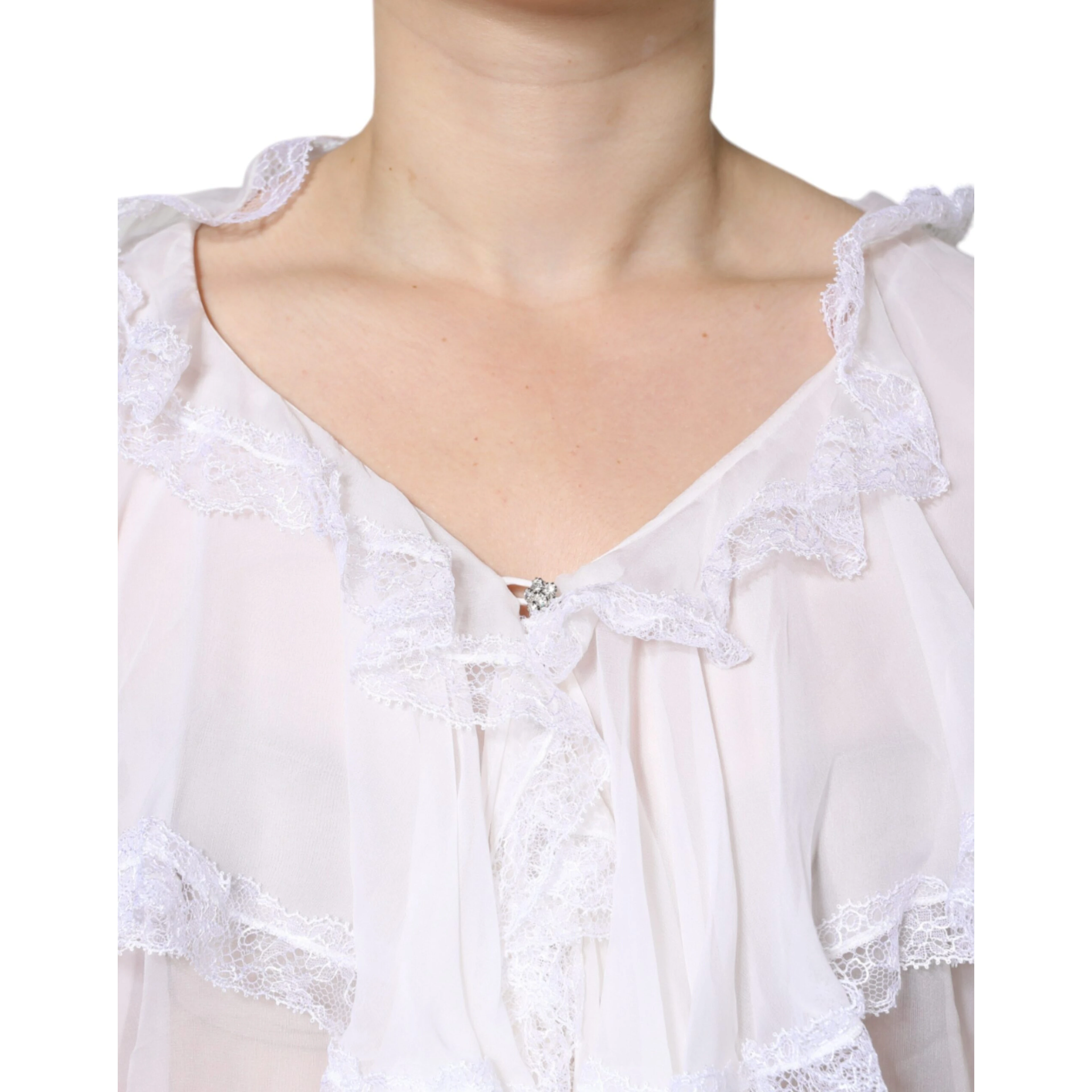 White Ruffles Lace Long Sleeve Blouse Top