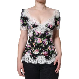 Black Floral Lace Short Sleeves Blouse Top
