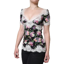 Black Floral Lace Short Sleeves Blouse Top