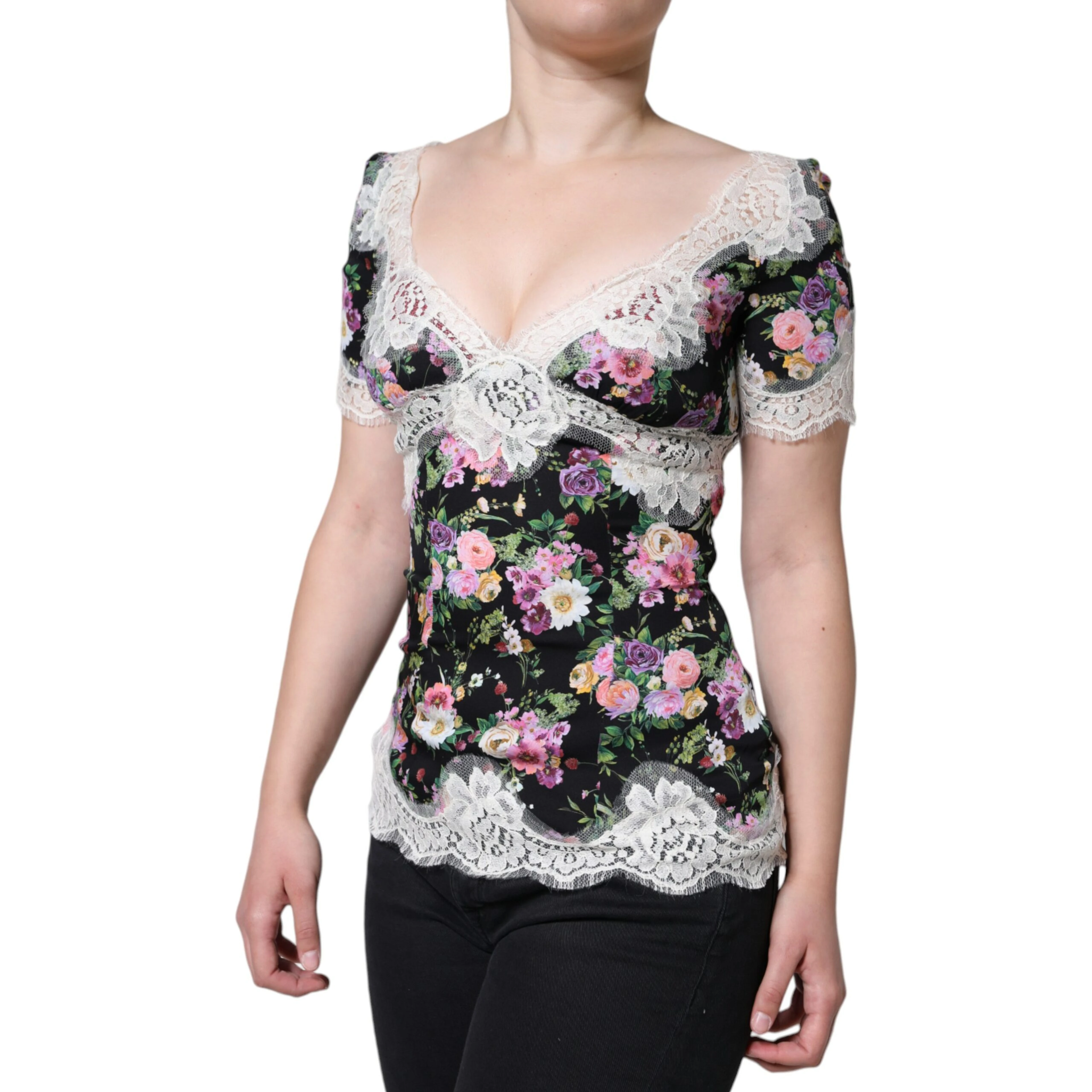 Black Floral Lace Short Sleeves Blouse Top