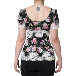 Black Floral Lace Short Sleeves Blouse Top