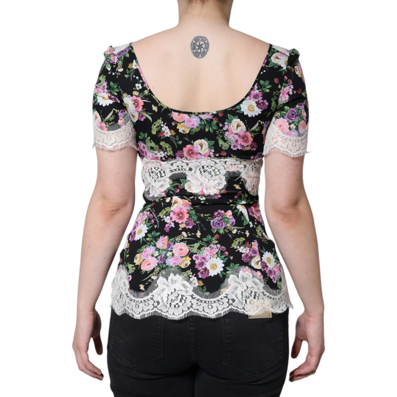 Black Floral Lace Short Sleeves Blouse Top