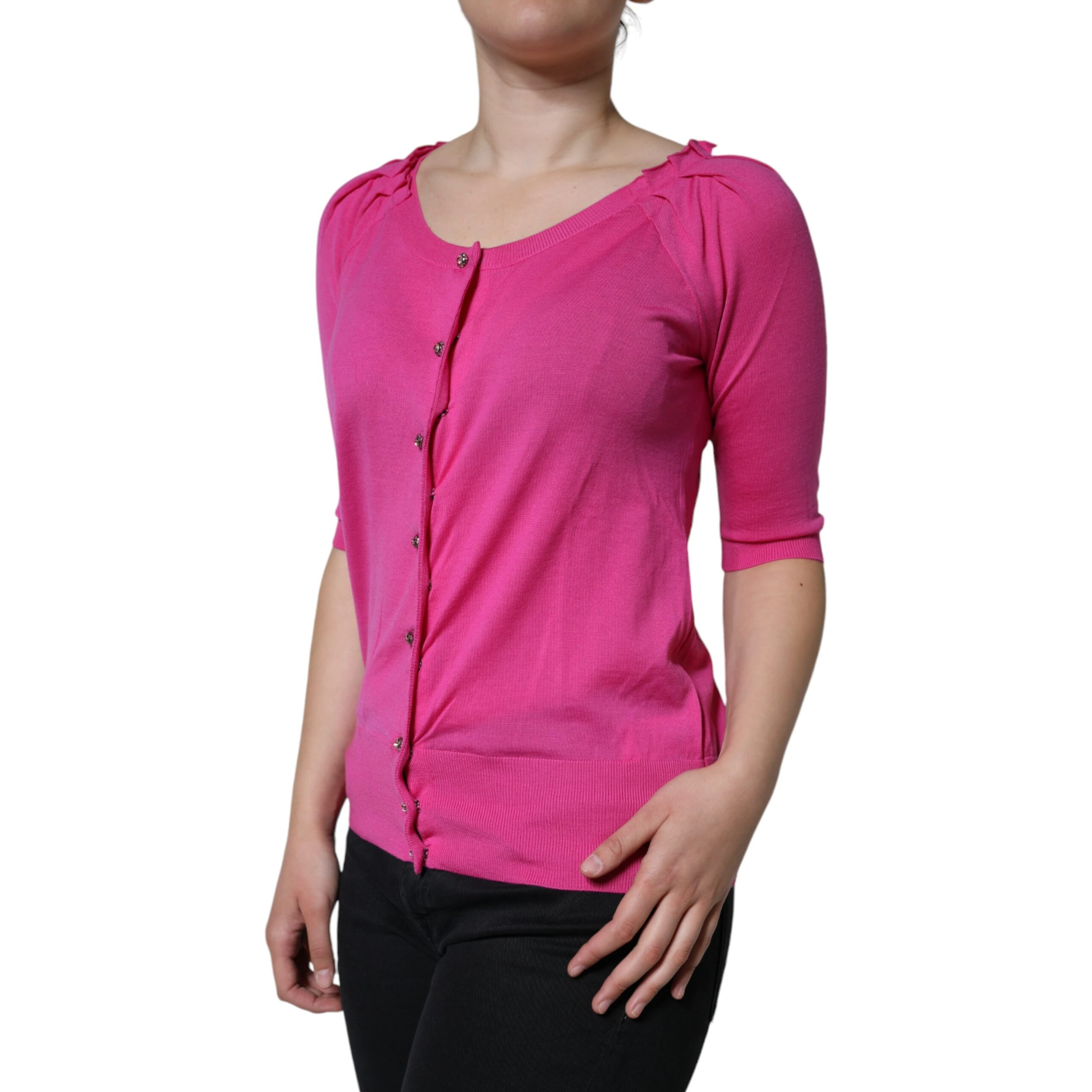 Pink Wool Button Down Short Sleeve Blouse Top