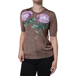 Brown Floral Applique Viscose Short Sleeve Top
