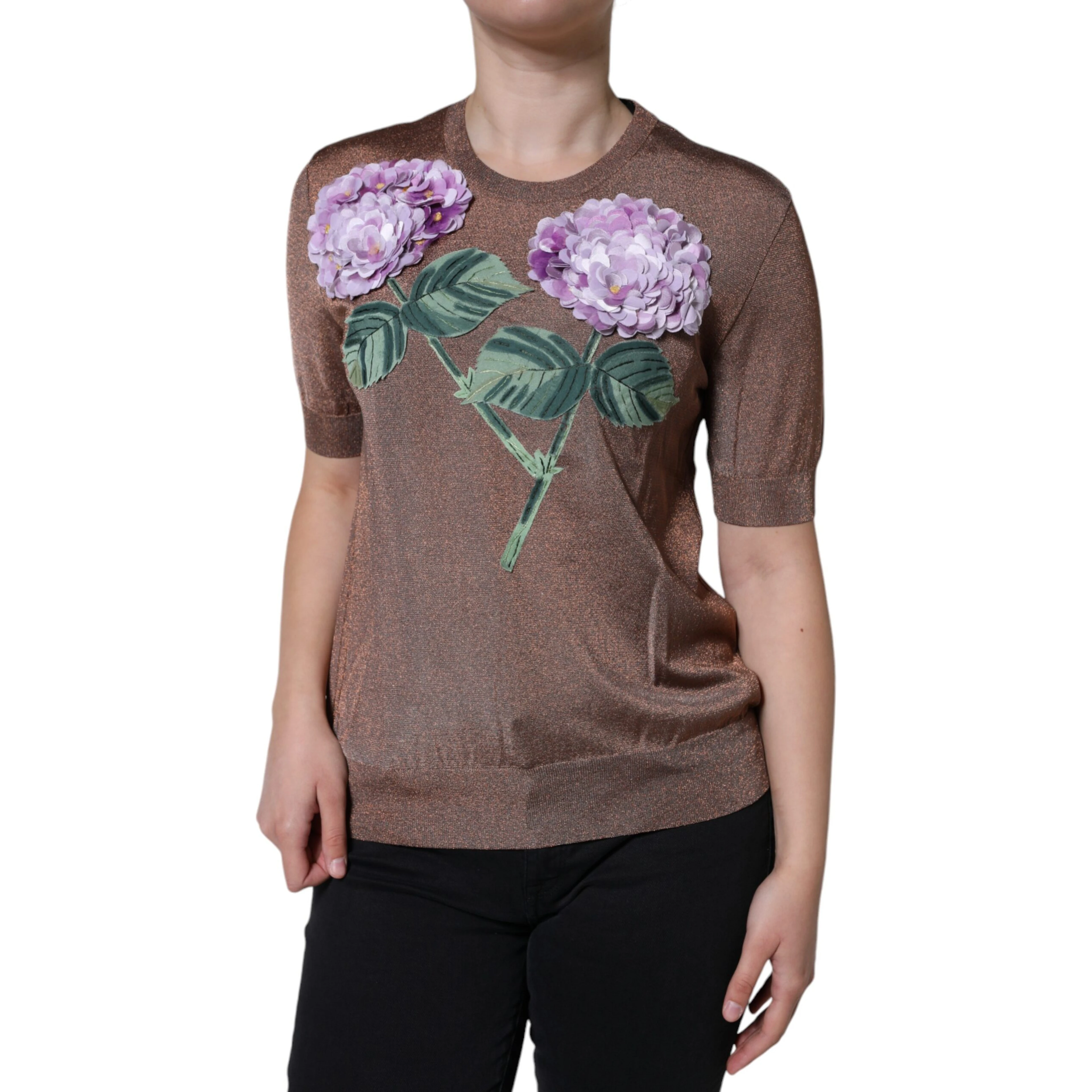 Brown Floral Applique Viscose Short Sleeve Top