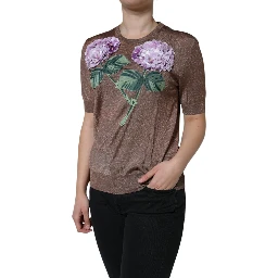 Brown Floral Applique Viscose Short Sleeve Top