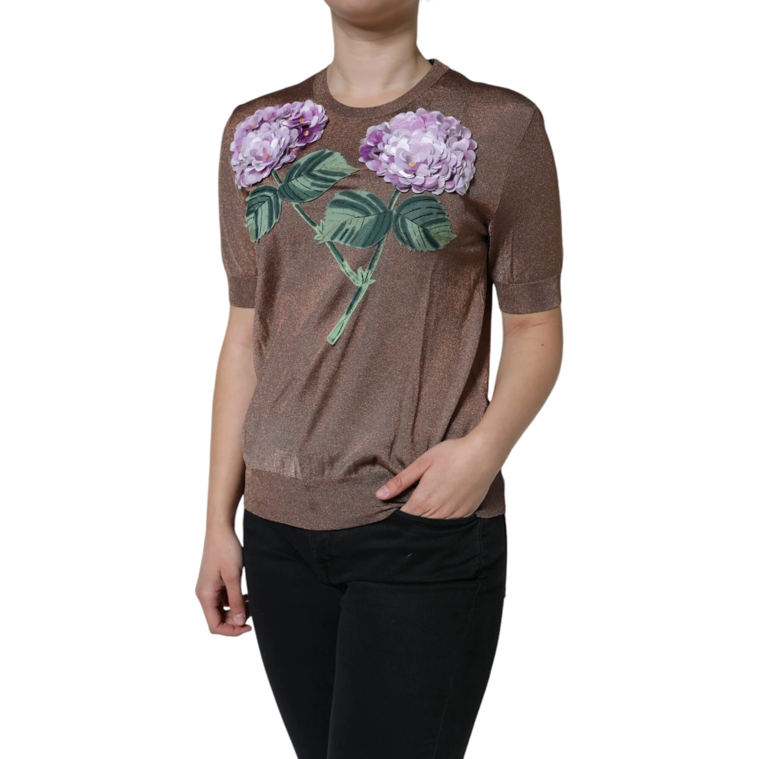 Brown Floral Applique Viscose Short Sleeve Top