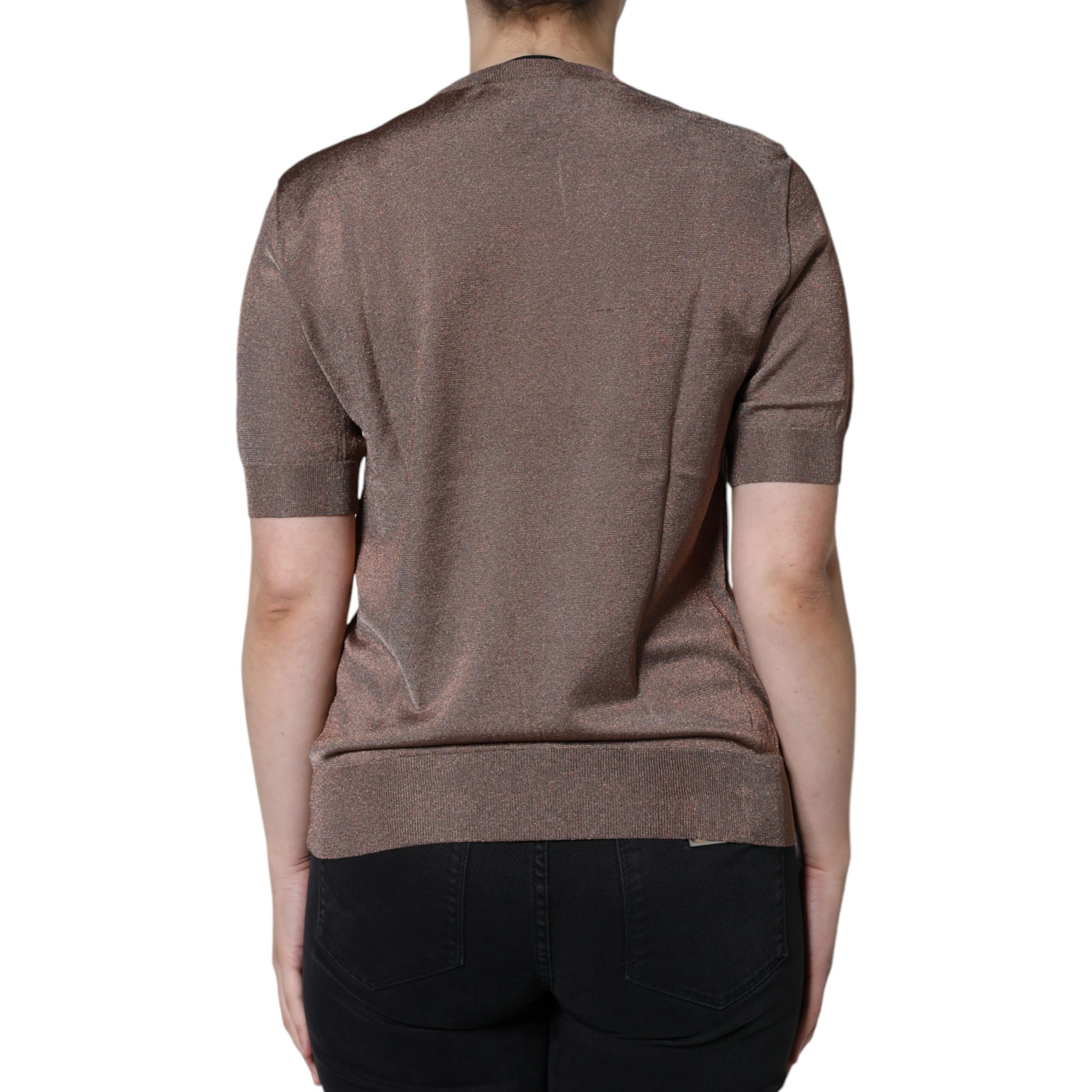 Brown Floral Applique Viscose Short Sleeve Top