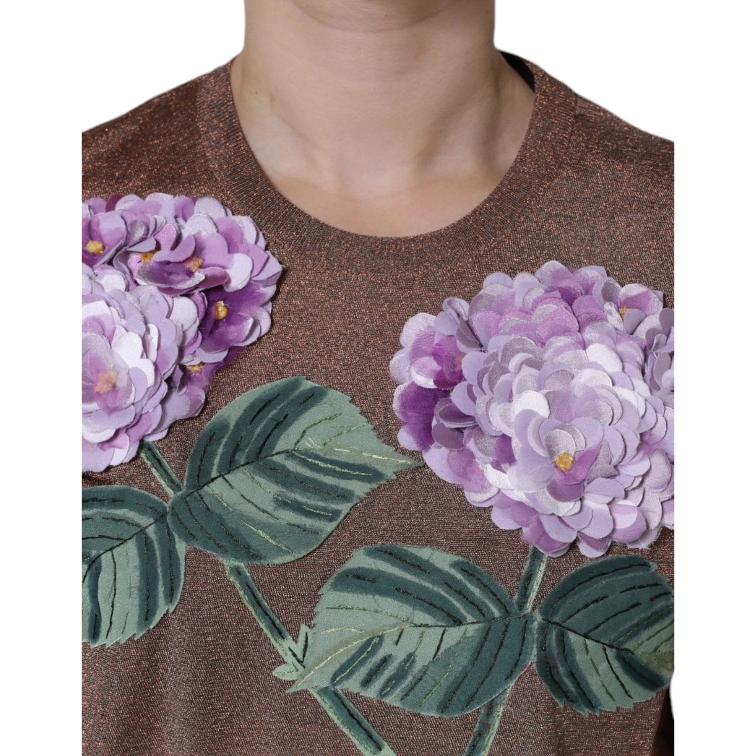 Brown Floral Applique Viscose Short Sleeve Top