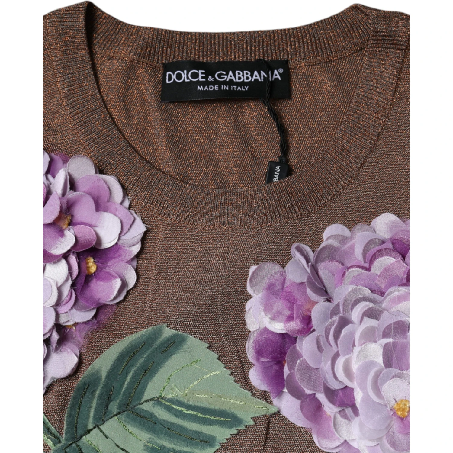 Brown Floral Applique Viscose Short Sleeve Top