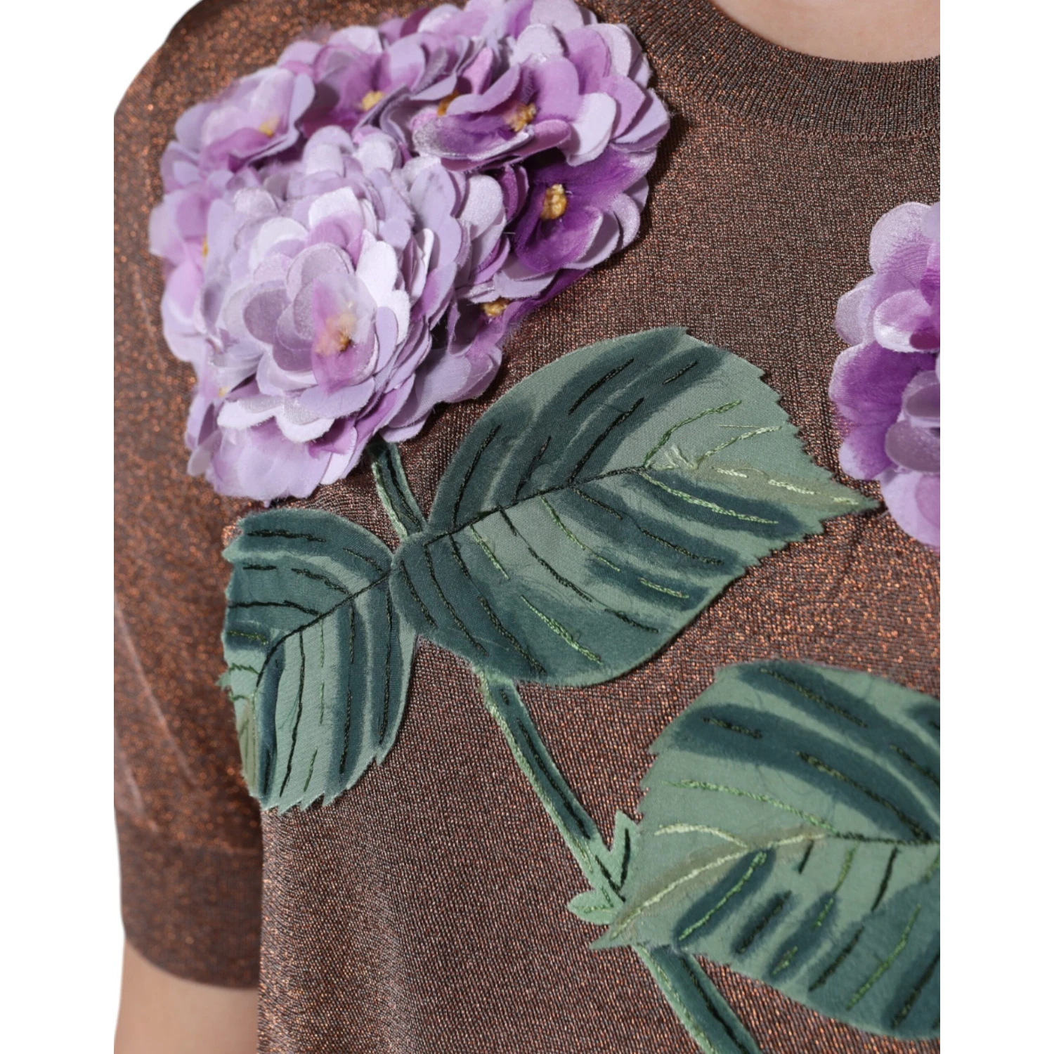 Brown Floral Applique Viscose Short Sleeve Top