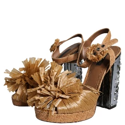 Brown Raffia Ankle Strap Crystal Sandals Shoes