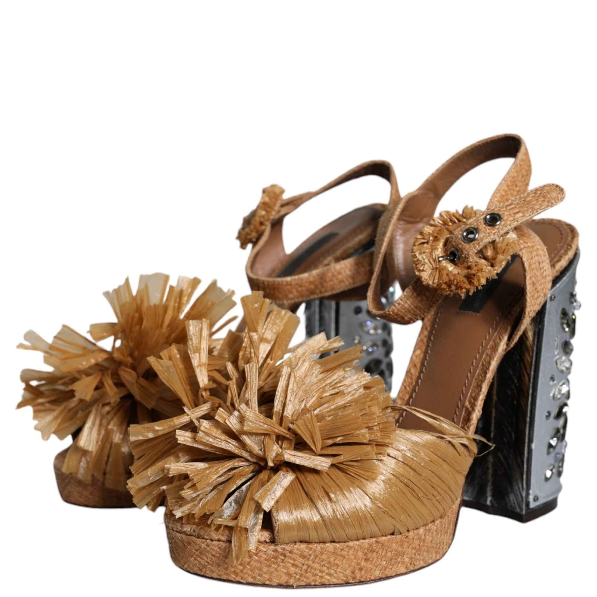 Brown Raffia Ankle Strap Crystal Sandals Shoes