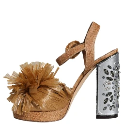 Brown Raffia Ankle Strap Crystal Sandals Shoes