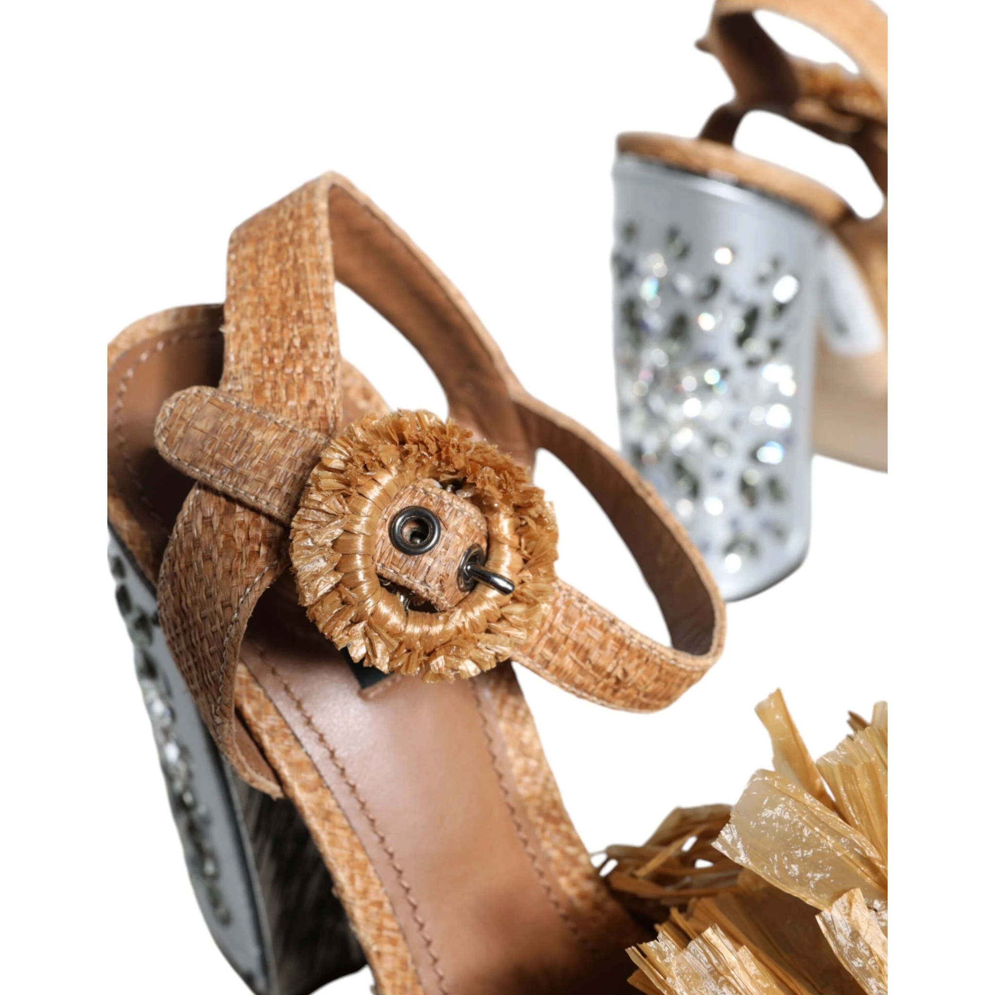 Brown Raffia Ankle Strap Crystal Sandals Shoes