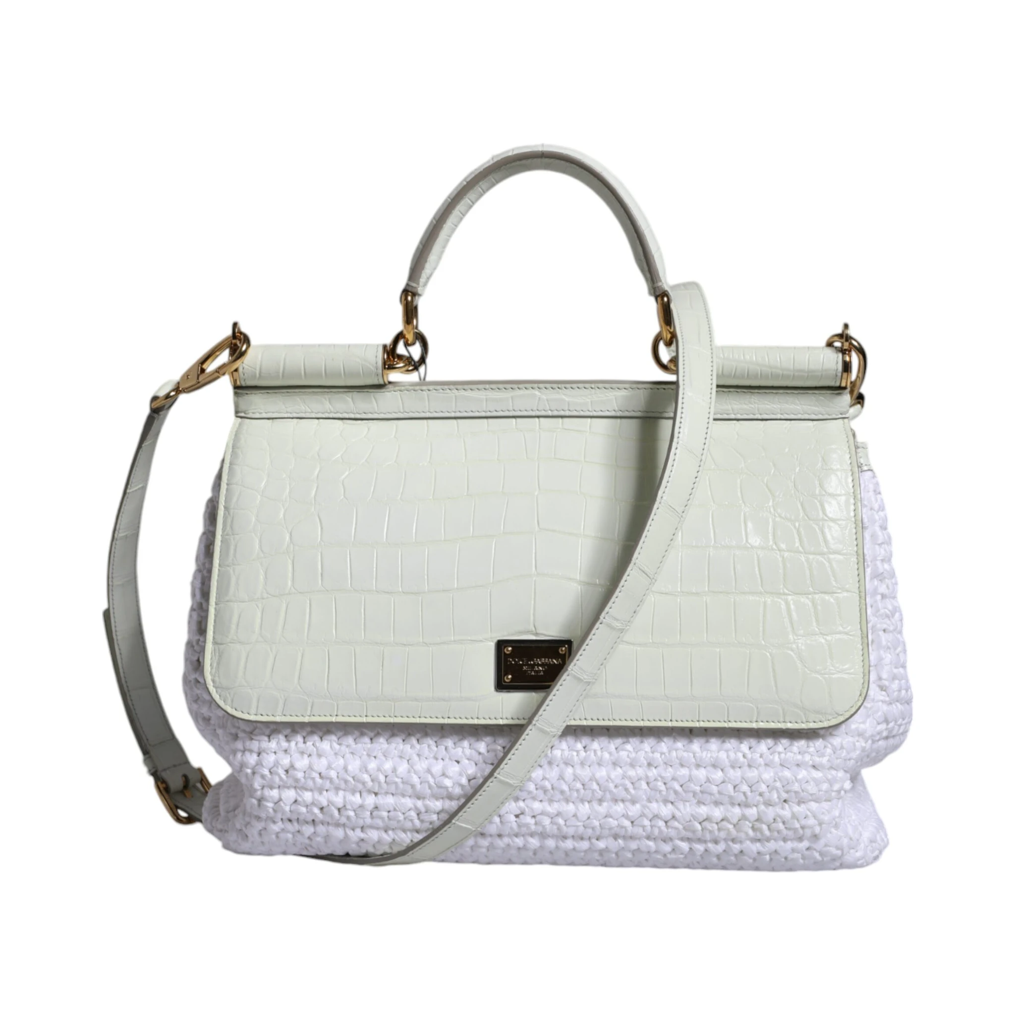 White Rafia Leather Top Handle Crossbody Bag