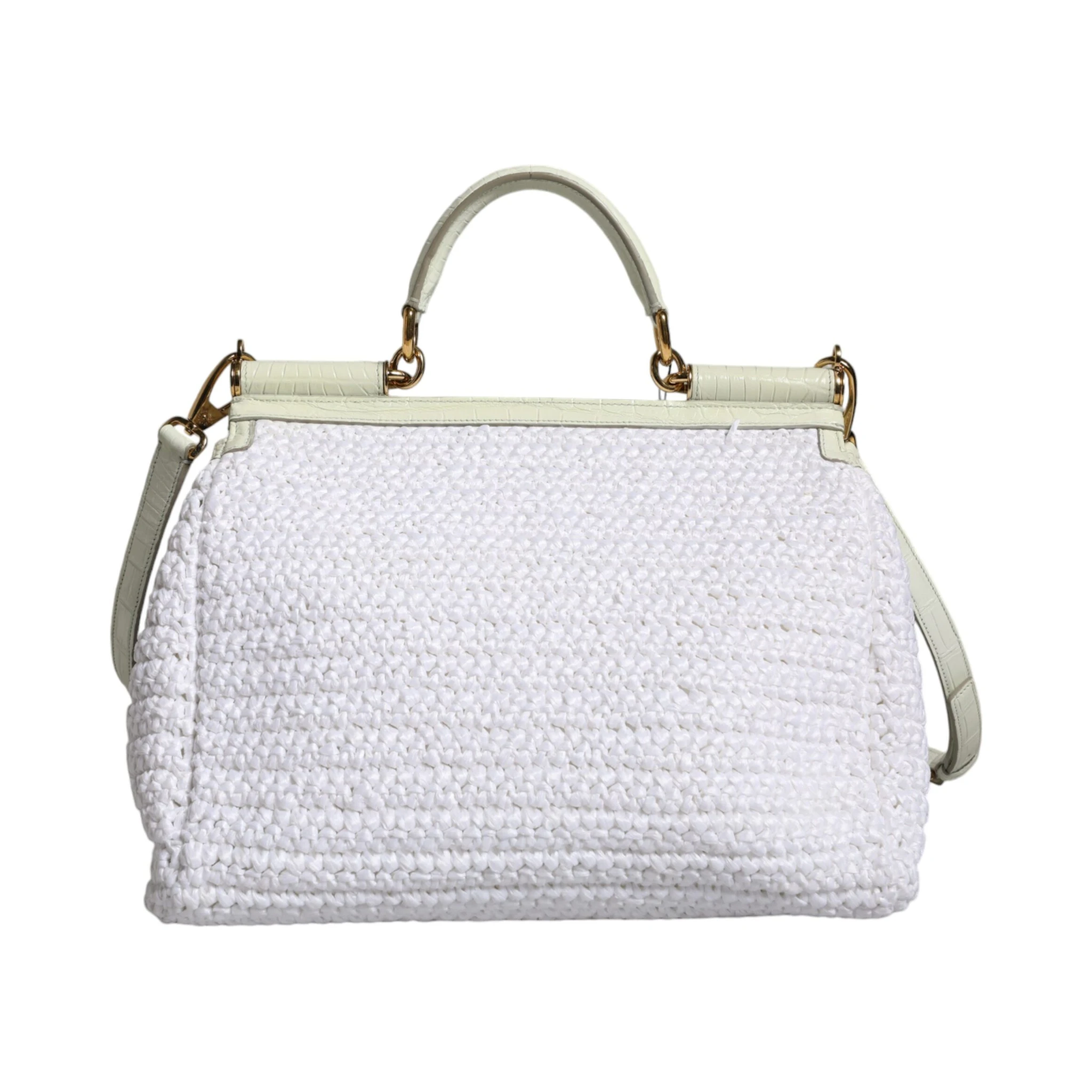 White Rafia Leather Top Handle Crossbody Bag