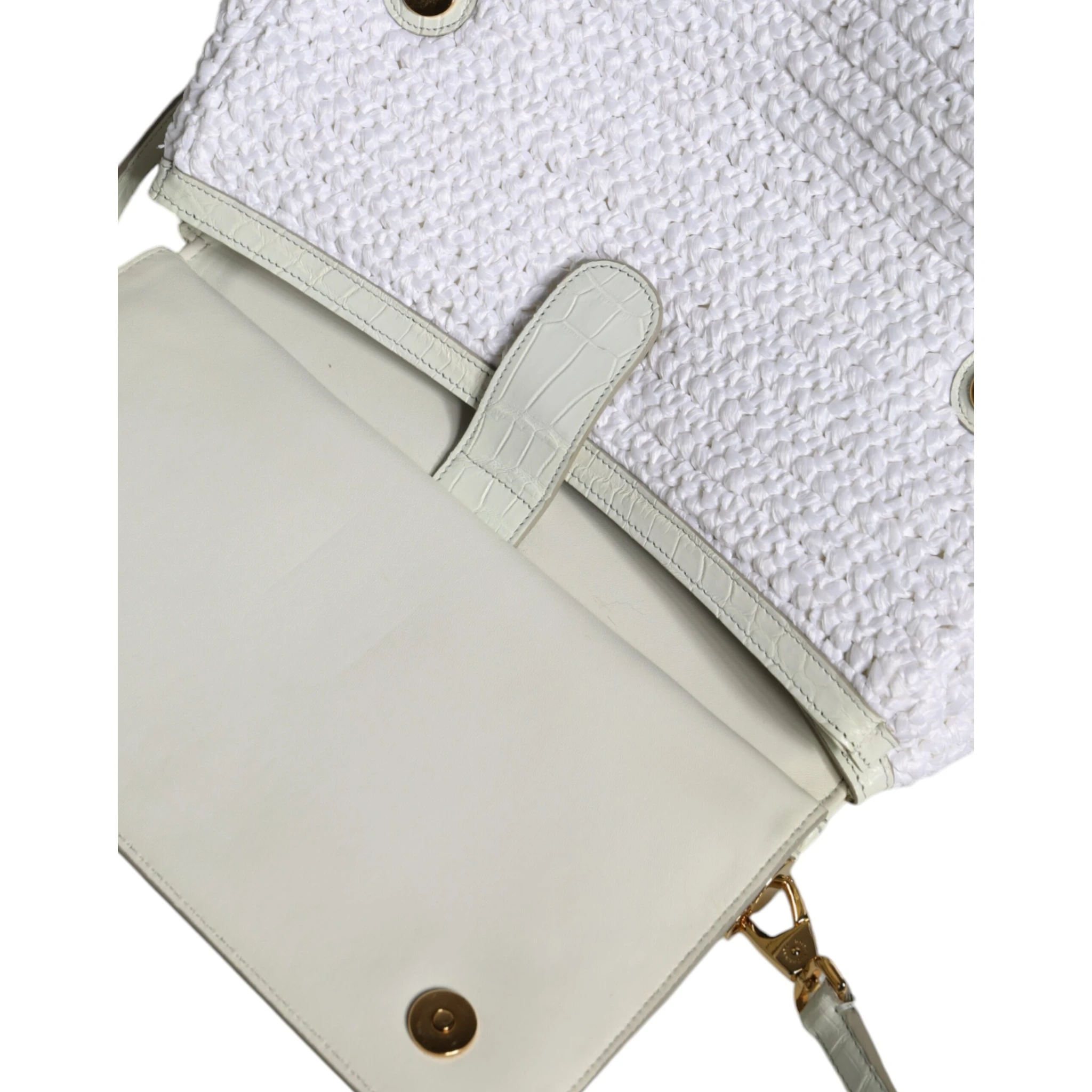 White Rafia Leather Top Handle Crossbody Bag