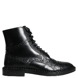 Black Leather Lace Up Mid Calf Boots Shoes