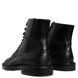 Black Leather Lace Up Mid Calf Boots Shoes