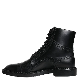 Black Leather Lace Up Mid Calf Boots Shoes