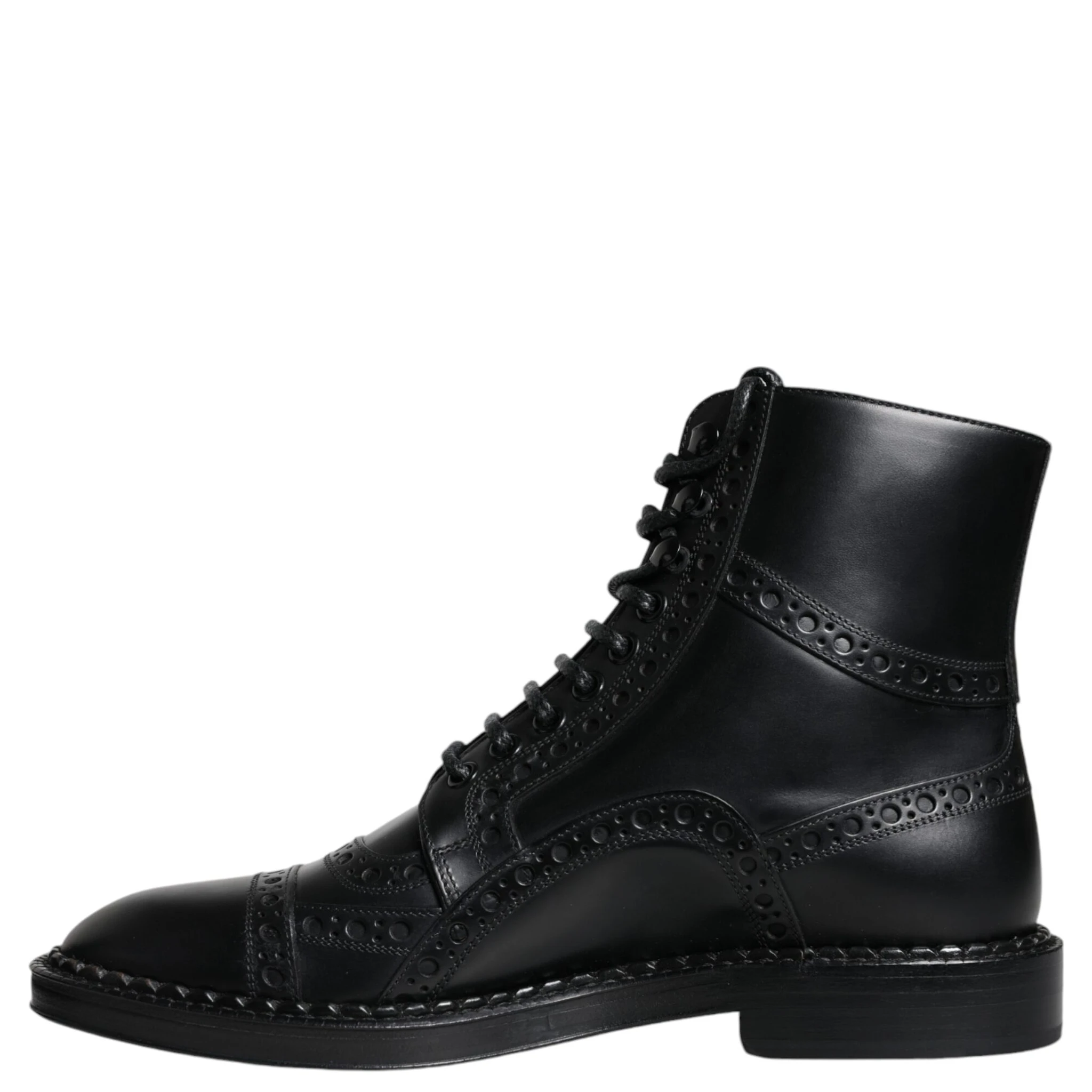 Black Leather Lace Up Mid Calf Boots Shoes